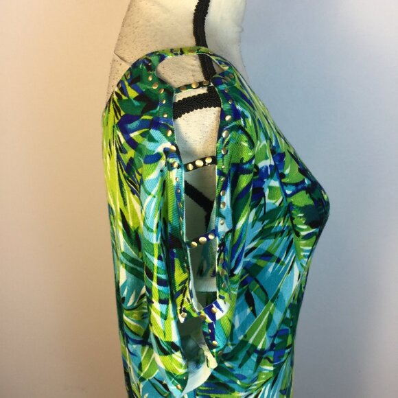 Cache Knit Top Sweater Sz XS Womans Green Blue Floral Knit Studded Short Sleeve - Picture 4 of 13